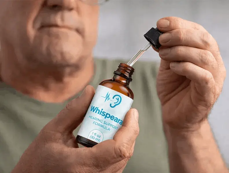 Older man taking Whispeara hearing support supplement
